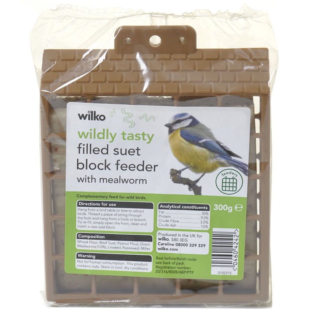 Wilko Wild Bird Filled Suet Block Feeder with Mealworm 300g Wilko