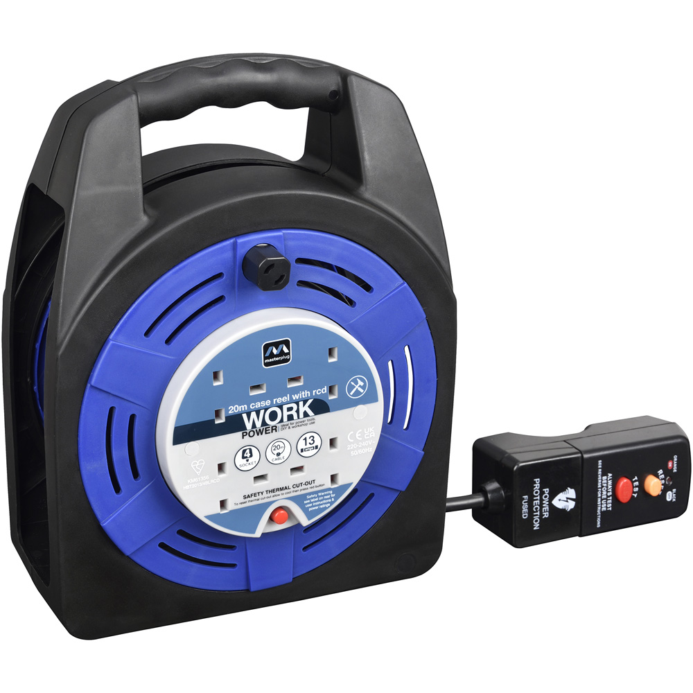 Wilko Plug Adapter Masterplug Blue 13A 4 Socket Case Cable Reel with RCD 20m | Wilko