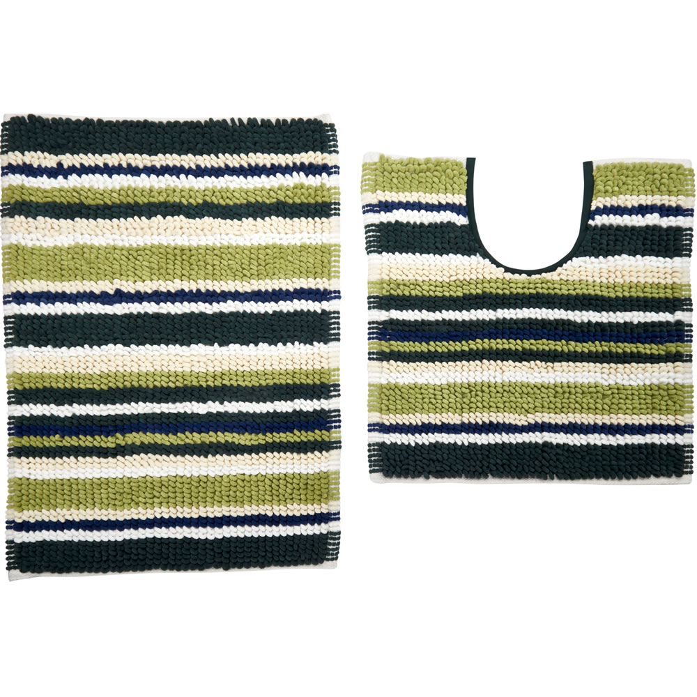 Wilko Green Stripe Bath Mat and Pedestal Set Wilko