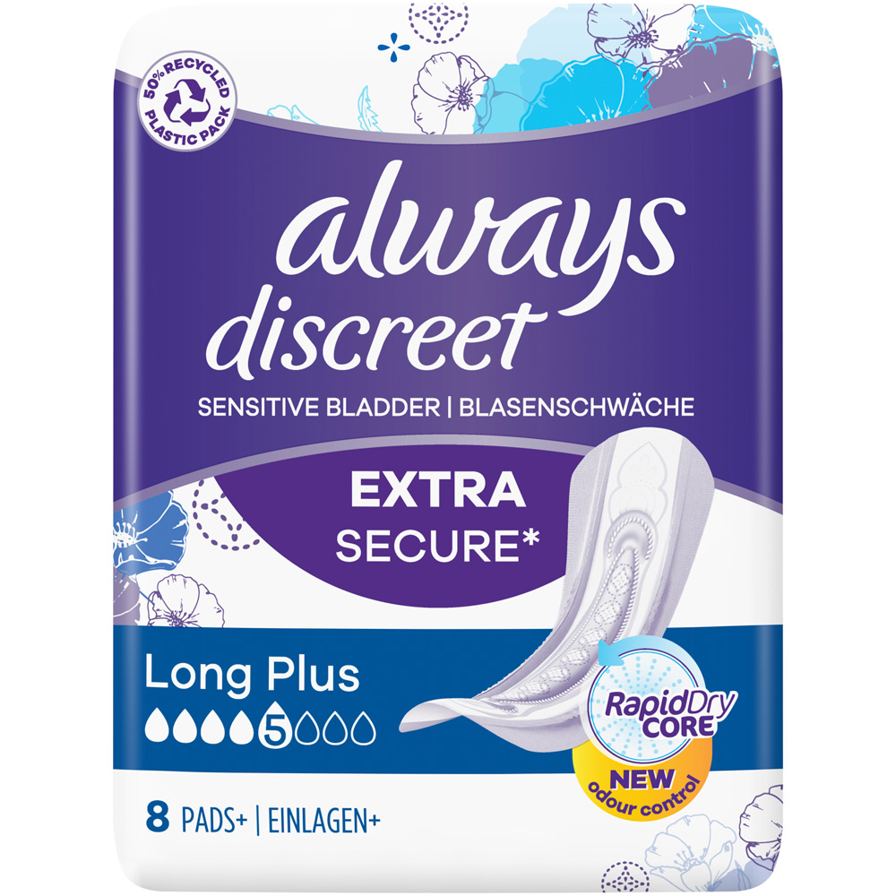Always Discreet Extra Secure Incontinence Pads Long Plus 8 Pack Wilko