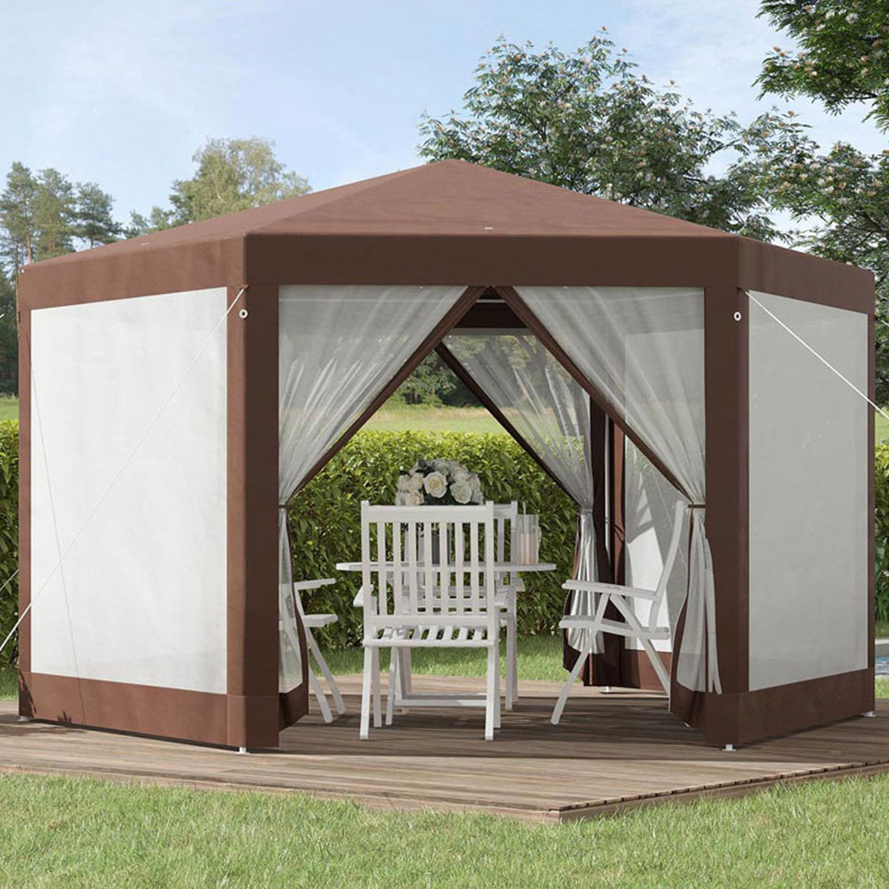 Outsunny Brown Hexagonal Gazebo with Mosquito Netting Wilko