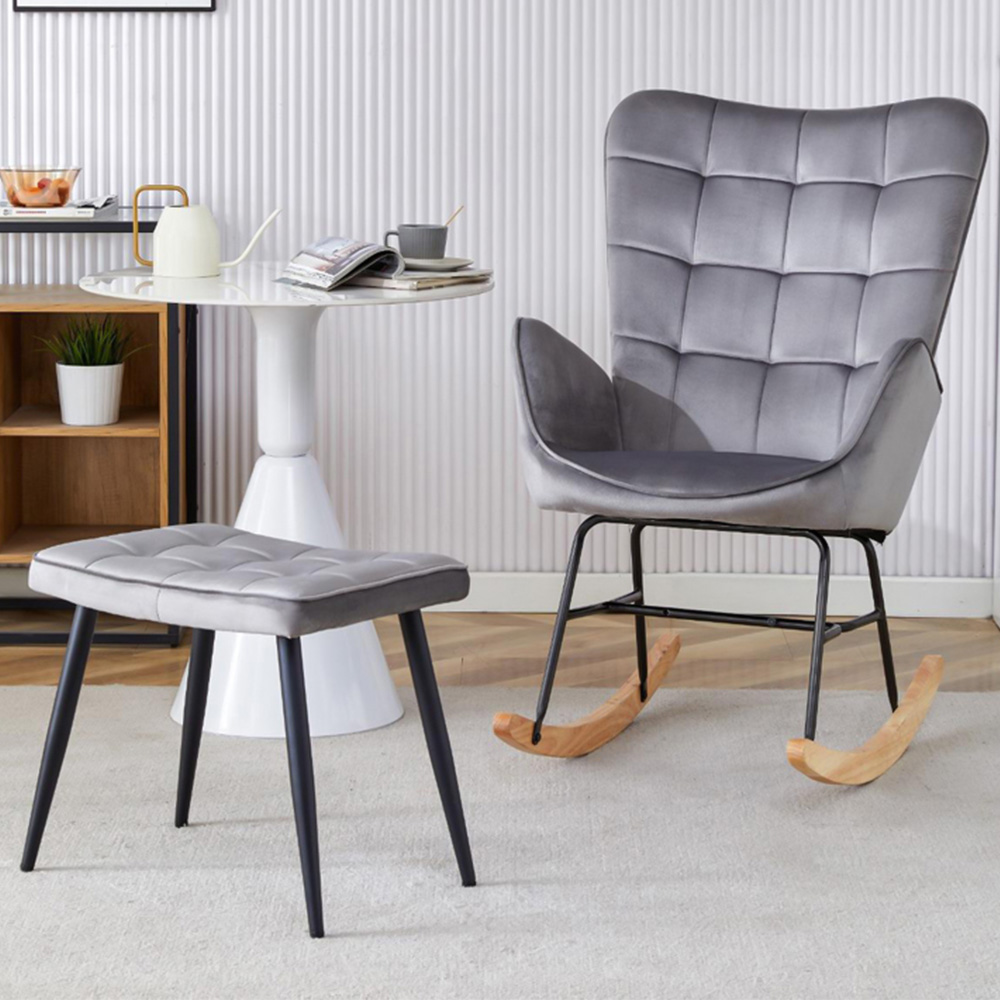 Portland Grey Velvet Spring Rocker Chair with Footstool | Wilko