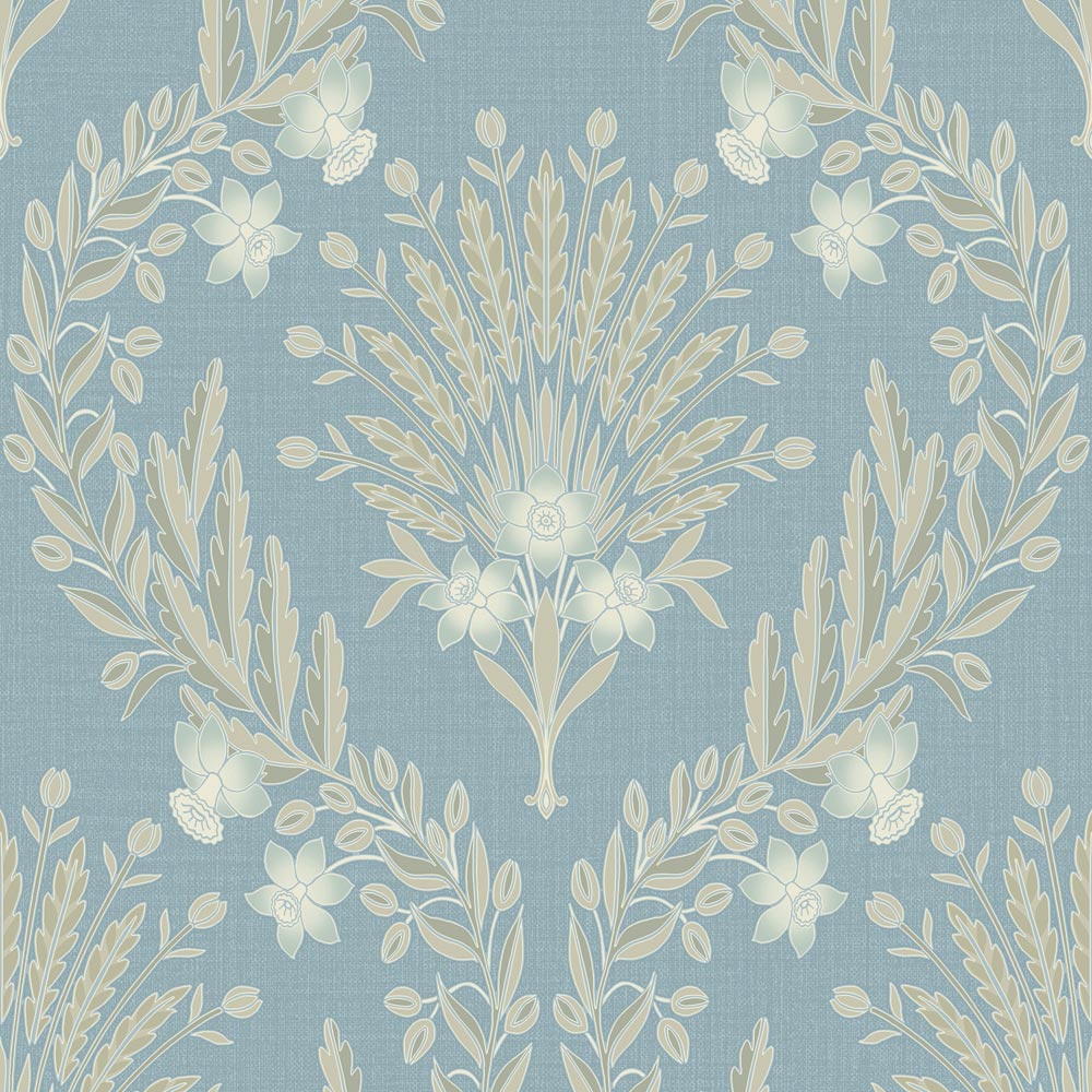 Grandeco Light Blue Flora Damask Blown Vinyl Wallpaper Wilko