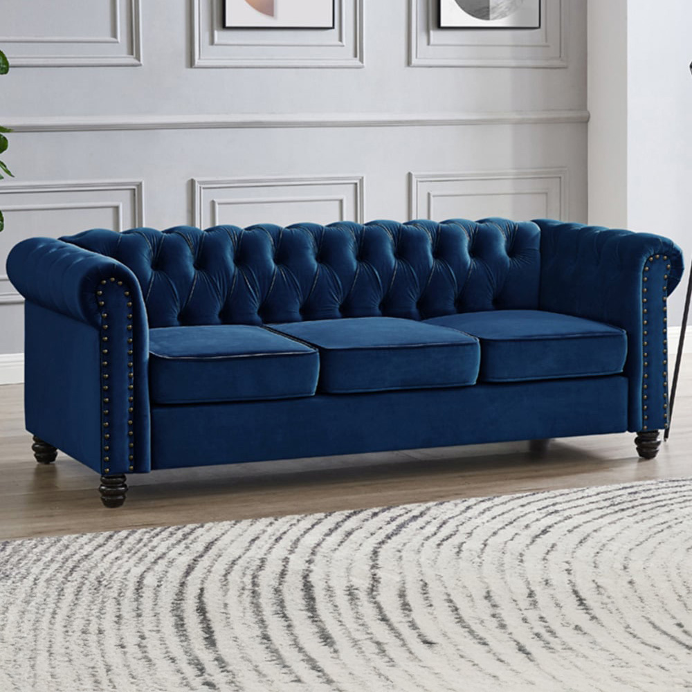 Home Detail Chesterfield 3 Seater Studded Blue Velvet Sofa | Wilko
