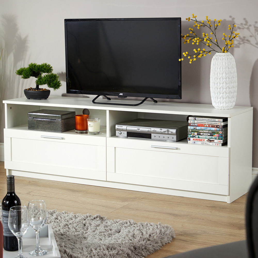 Home Source Latham 2 Drawer 2 Shelf White Gloss Finish TV Unit | Wilko