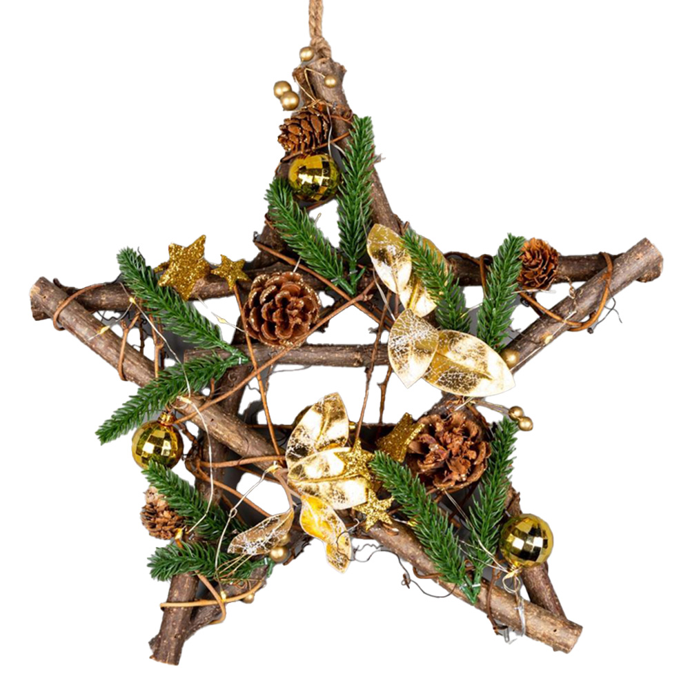 Shatchi Warm White LED Twig Star Christmas Wreath Gold 35cm | Wilko