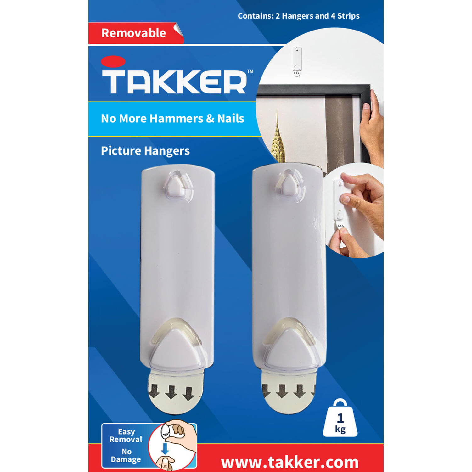 Takker 2 Hangers 4 Strips Removable Picture Hanging Hooks Wilko