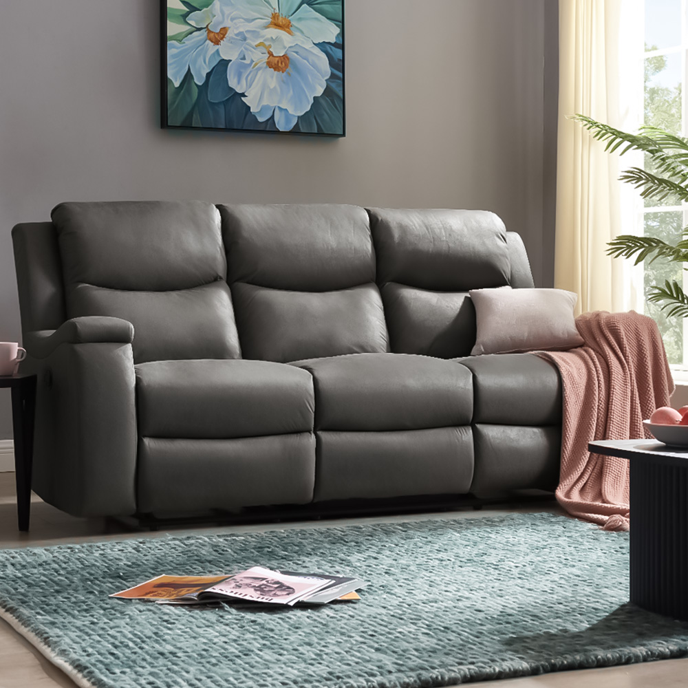Home Detail Collins 3 Seater Grey Air Leather Manual Recliner Sofa | Wilko