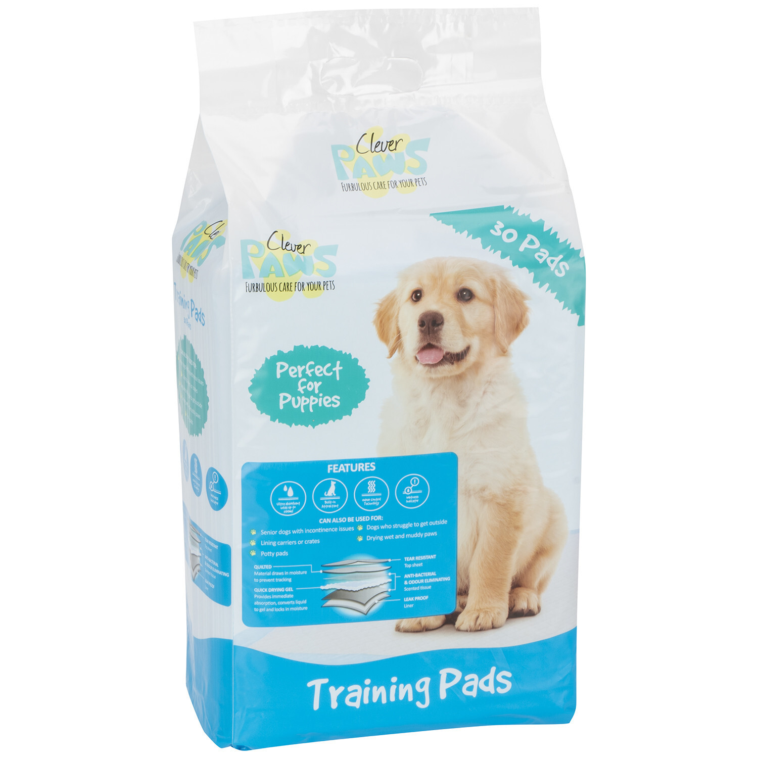 Clever Paws Absorbent and Leak Proof Puppy Training Pads 30 Pack Wilko