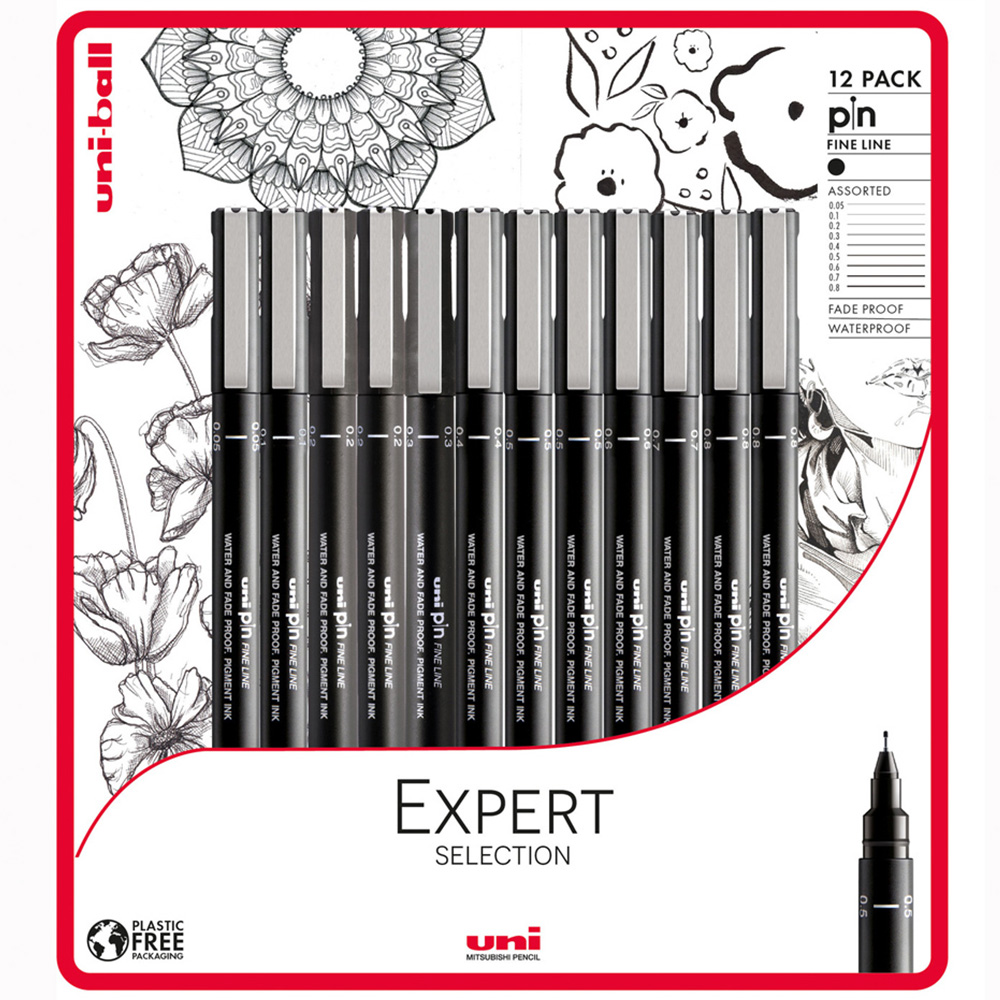 Uniball Black Drawing Pen Fine 12 Pack Wilko