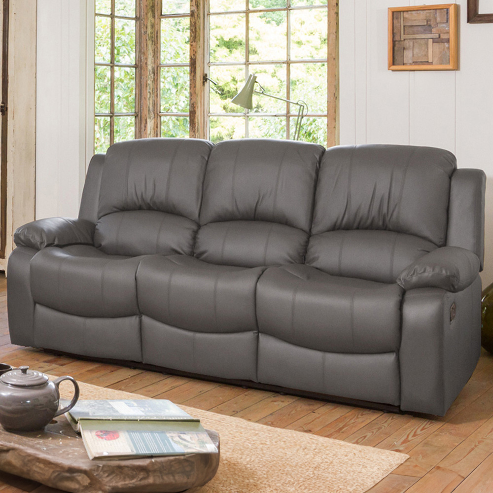 Glendale 3 Seater Grey Bonded Leather Manual Recliner Sofa | Wilko