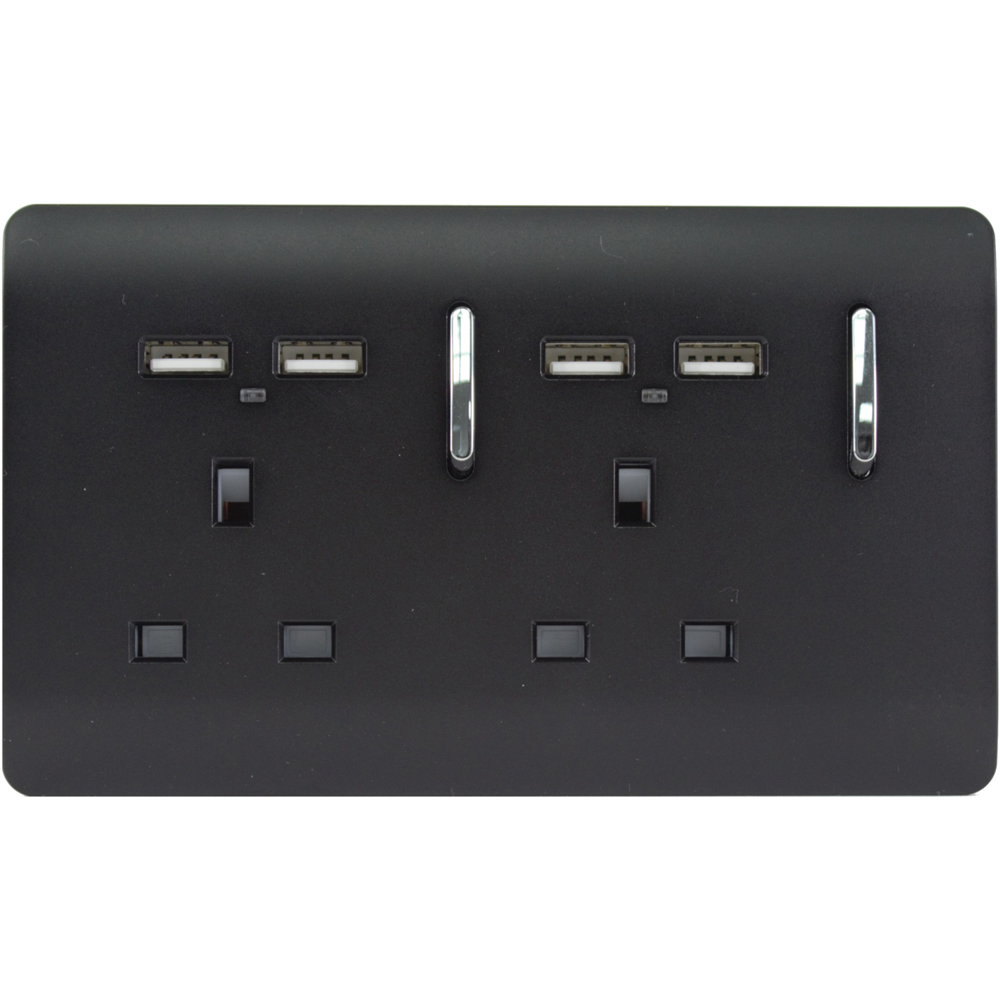 Trendi Switch 2 Gang 13amp 4 Port USB Matt Black Plug Socket Wilko