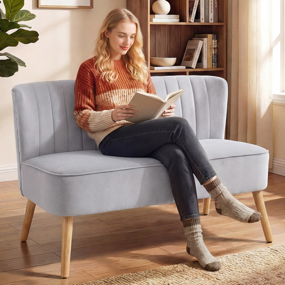 Portland 2 Seater Light Grey Velvet Feel Foam Padded High Back Sofa | Wilko