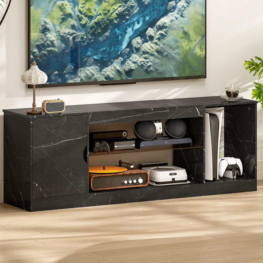 HOMCOM Single Door 3 Shelf Black Marble Effect TV Unit | Wilko