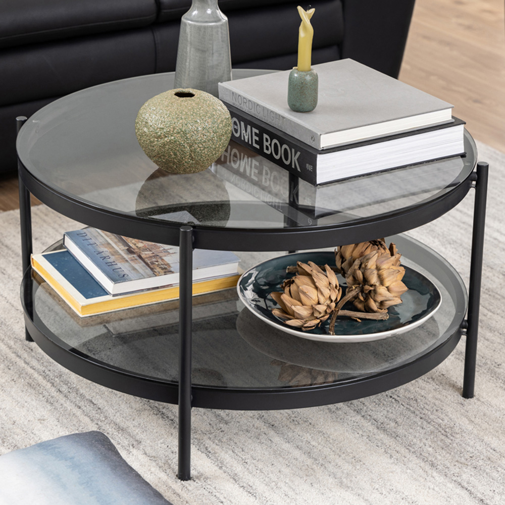 Florence Bayonne Single Shelf Black Smoked Glass Top Round Coffee Table ...
