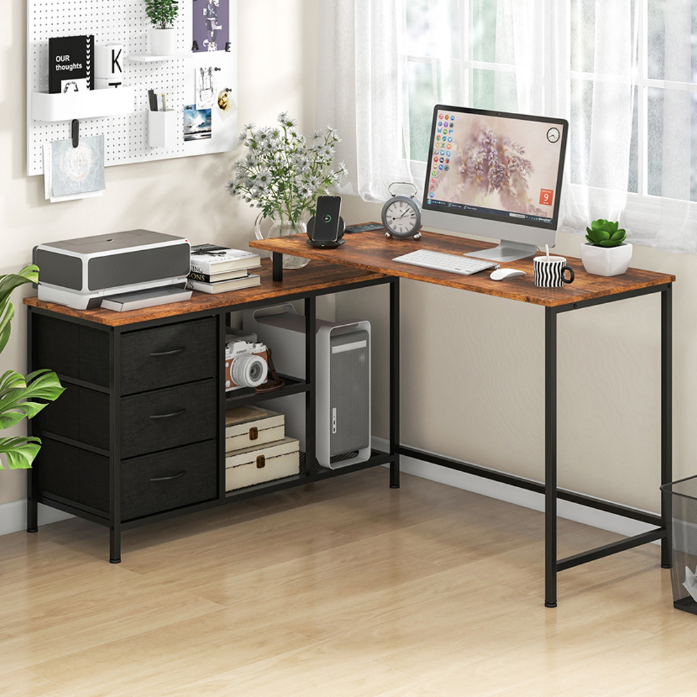 Costway 3 Drawer 3 Shelf L Shaped Computer Desk with Charging Station