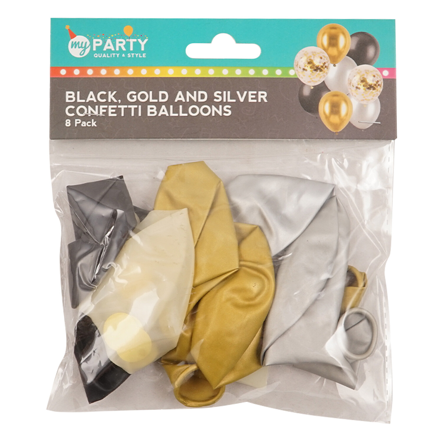 Pack of 8 Black Gold Silver Confetti Balloons Wilko