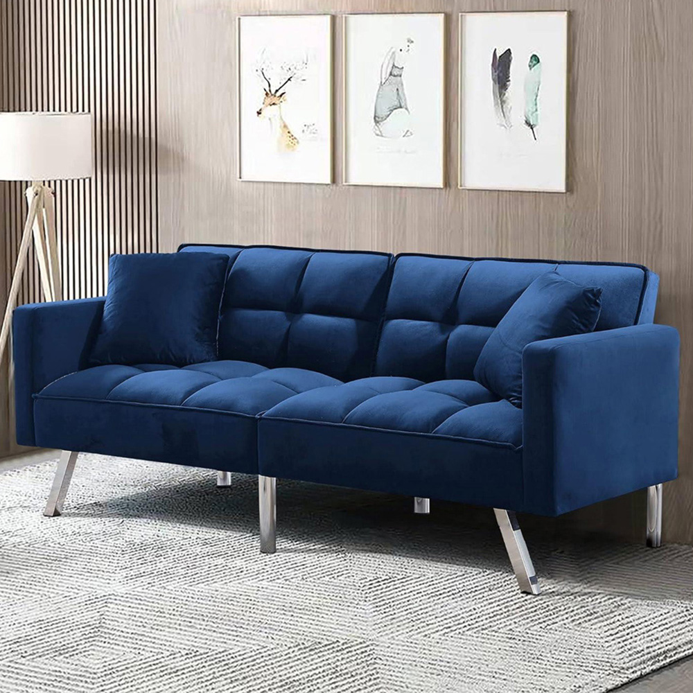 Portland 2 Seater Blue Velvet Sofa Bed with Pillows | Wilko