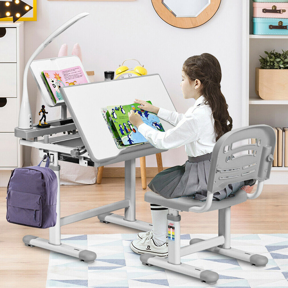 Costway Grey Height Adjustable Kids Desk and Chair Set with Lamp | Wilko