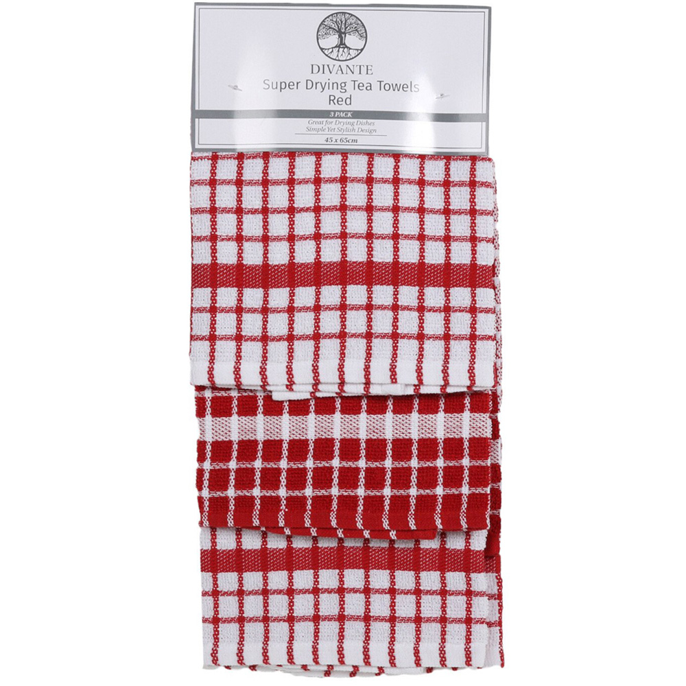 Pack of 3 Super Drying Tea Towels Red Wilko