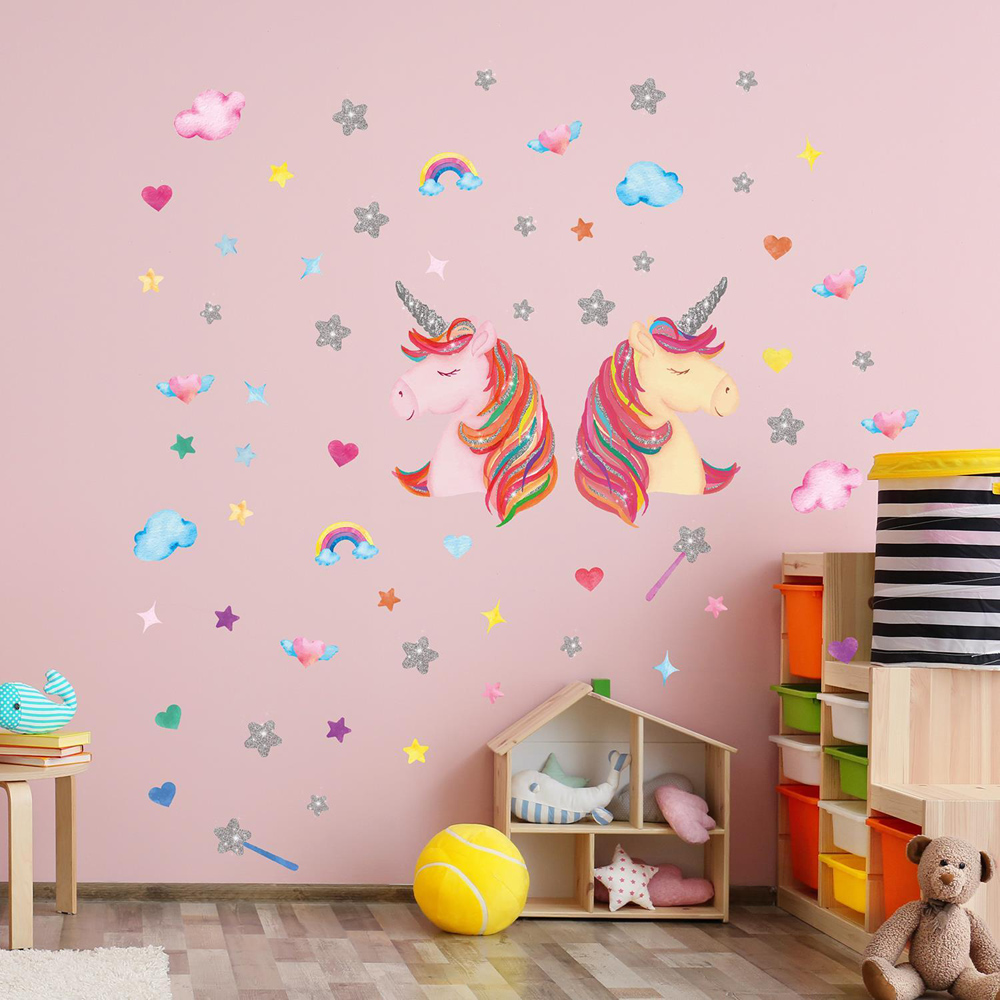 Walplus Kids Watercolour Unicorns with Glitter Stars Wall Stickers Wilko