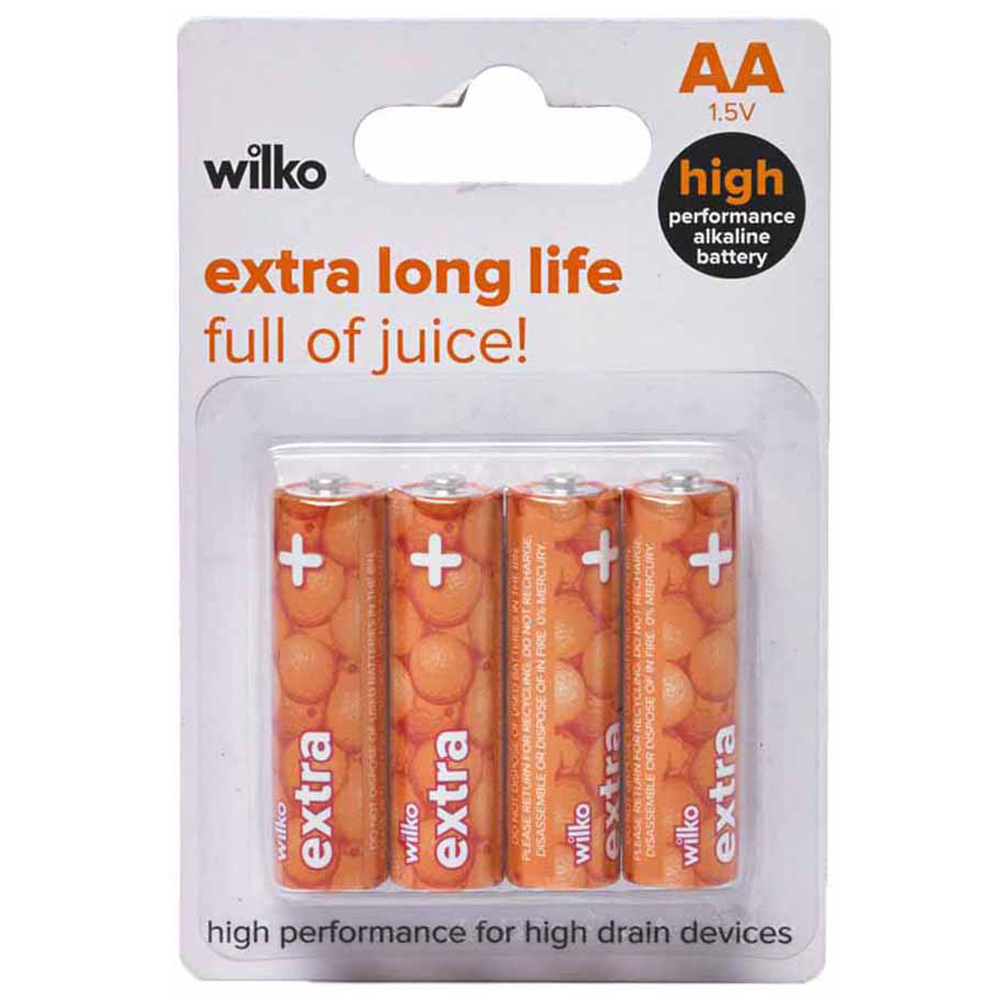 Wilko Extra Long Life AA 1.5V 4 Pack Alkaline Batteries Wilko