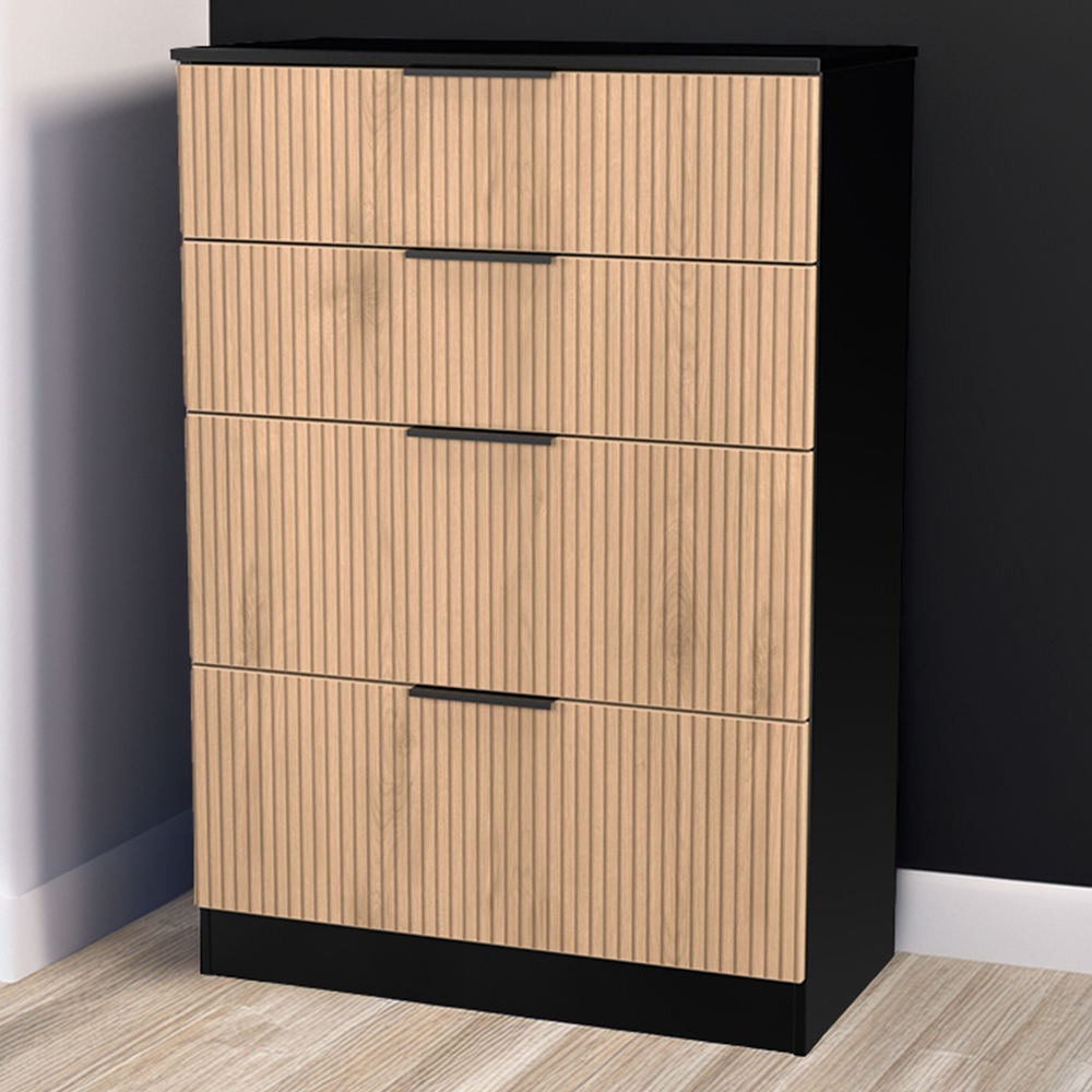 Crowndale Java 4 Drawer Slatt Effect and Black Deep Chest of Drawer | Wilko