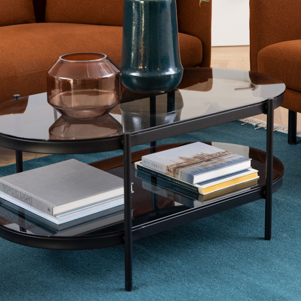 Florence Bayonne Single Shelf Smoked Glass Top Oval Coffee Table | Wilko