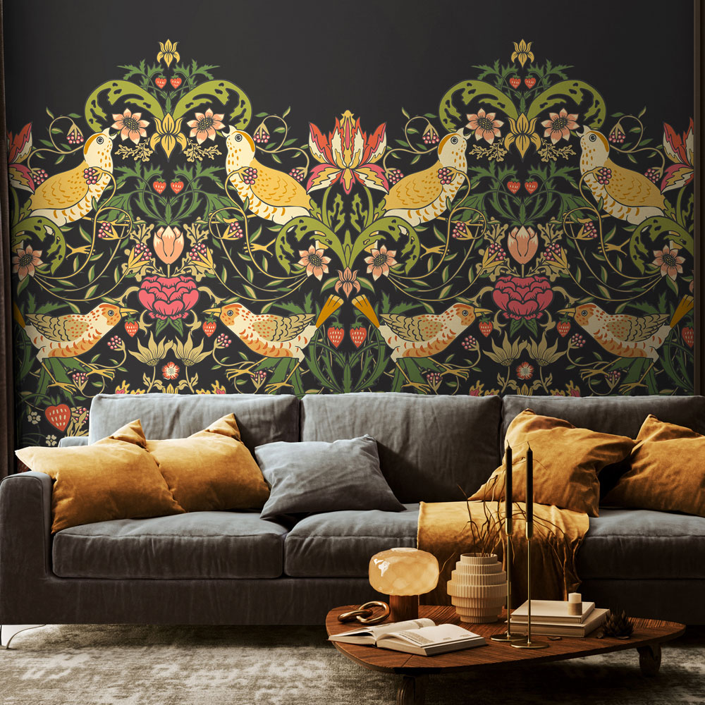 Origin Murals Birds Fruit and Foliage Black Wall Mural | Wilko