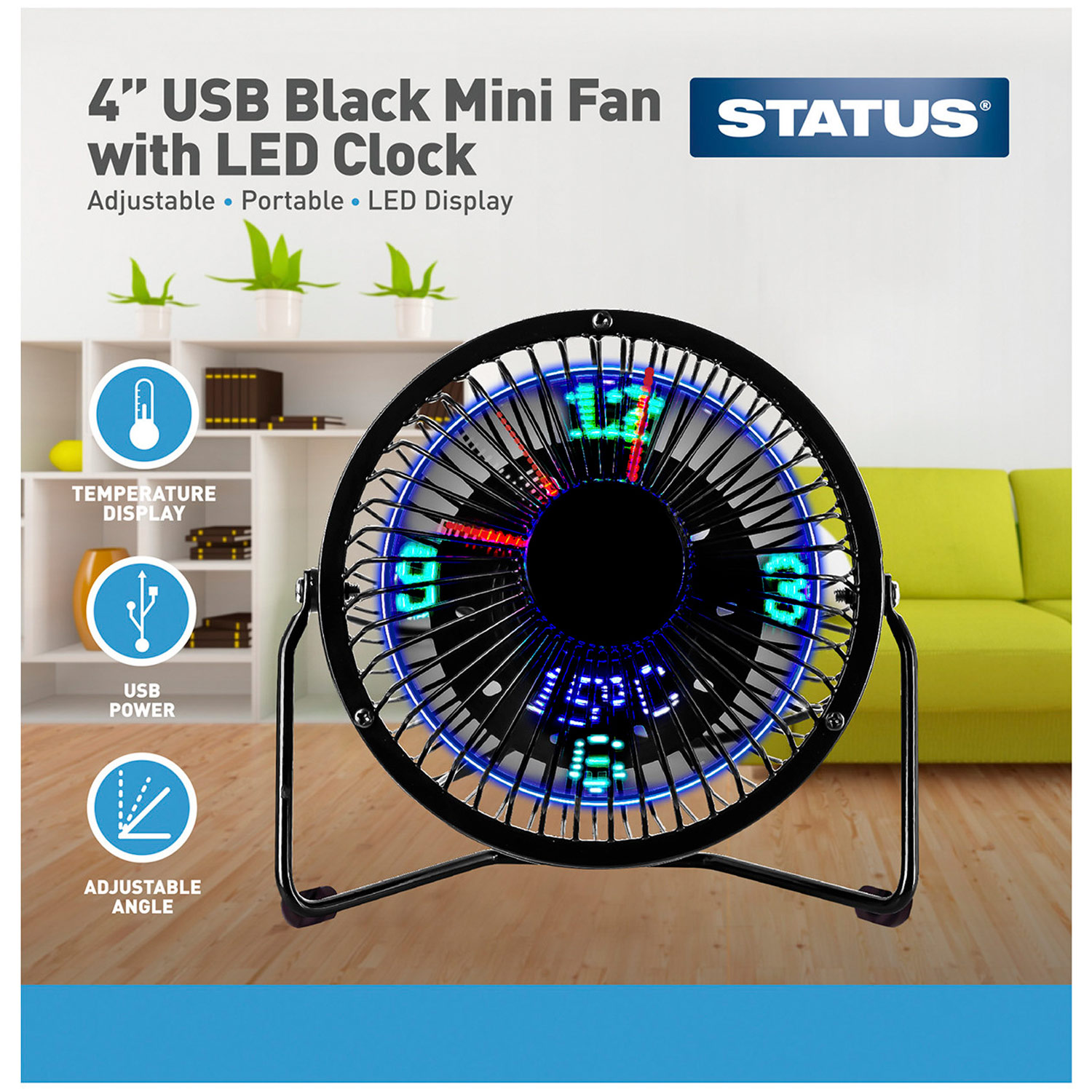 USB Black Mini Fan with LED Clock Wilko
