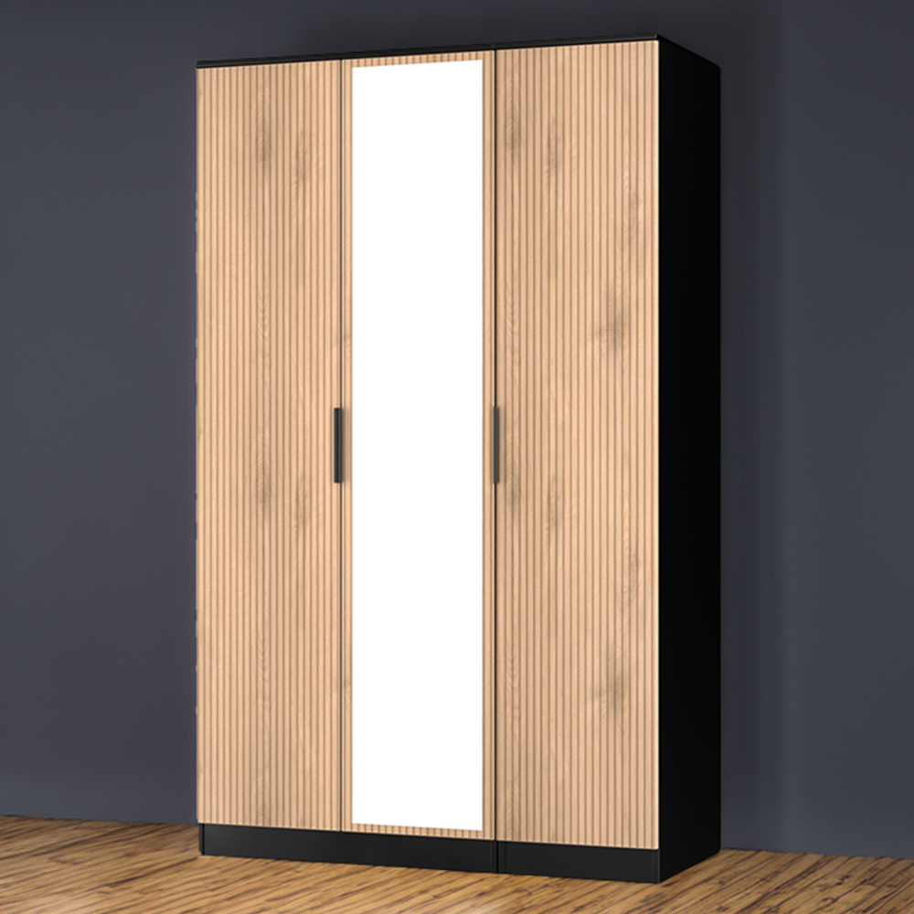 Crowndale Java 3 Door Slatt Effect and Black Mirror Wardrobe | Wilko