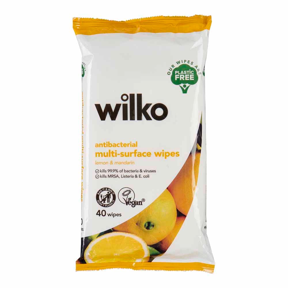 Wilko Plastic Free Antibacterial Lemon And Mandarin Surface Wipes 40