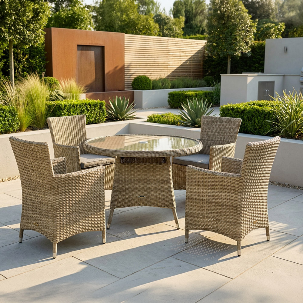 Royalcraft Wentworth Rattan 4 Seater Round Carver Dining Set - Cream - Aluminium - Tempered Glass