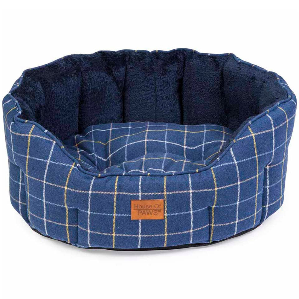 House Of Paws Navy Check Tweed Oval Dog Bed Large - Faux Fur Lining - Non-Slip Base