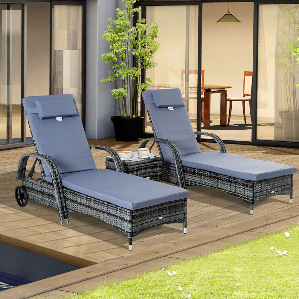 Outsunny 2 Seater Grey Rattan Wicker Lounge Set with Adjustable Backrest and Glass Table
