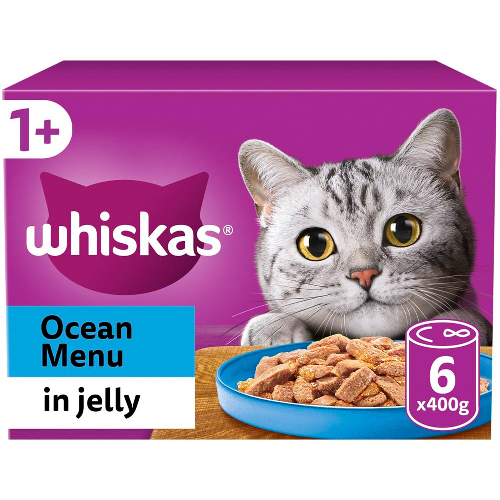 Whiskas 1+ Ocean Menu in Jelly Wet Adult Cat Food Tin 400g 6 Pack
