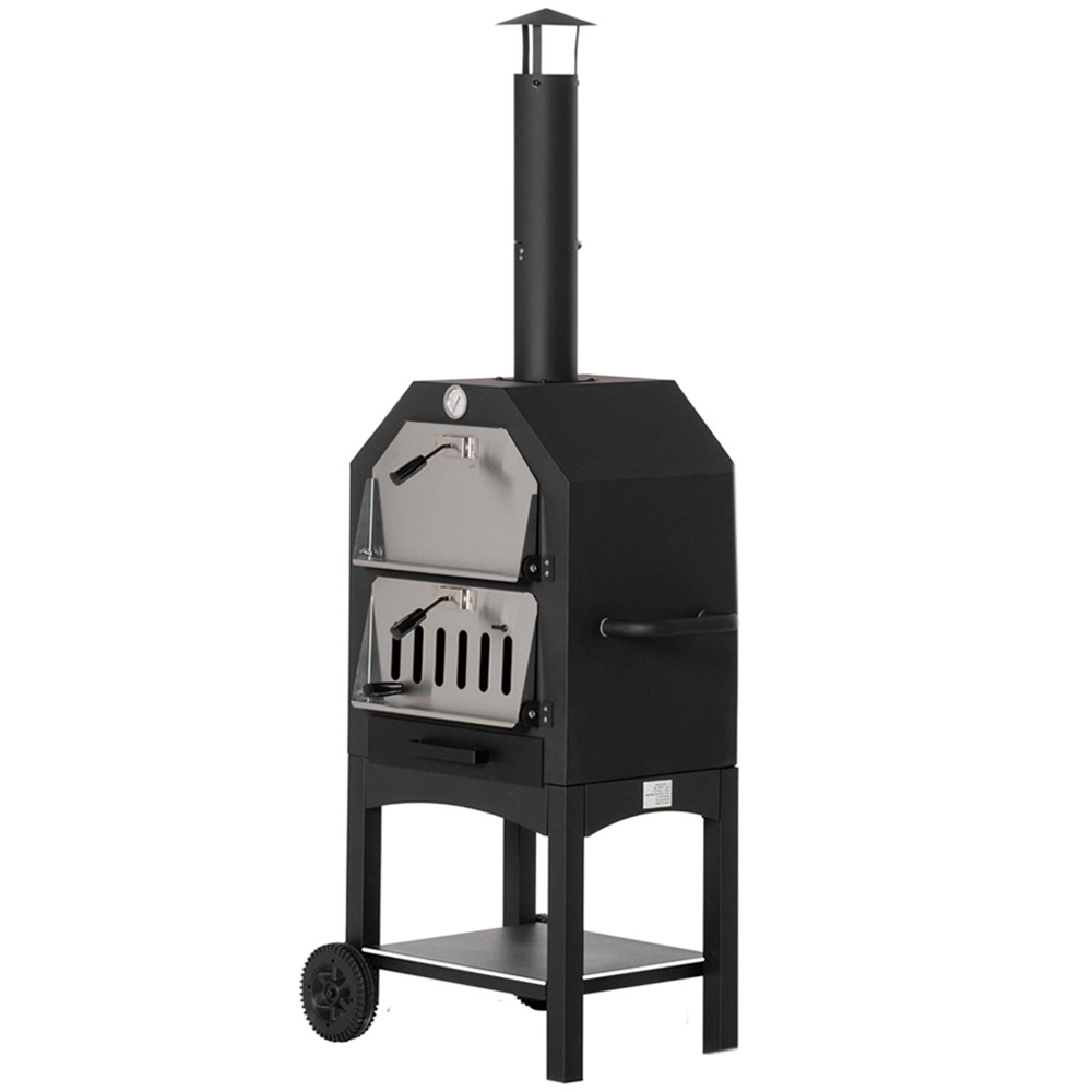 Outsunny 3 Tier Charcoal Pizza Oven & BBQ Grill - Black Steel - Heat Resistant