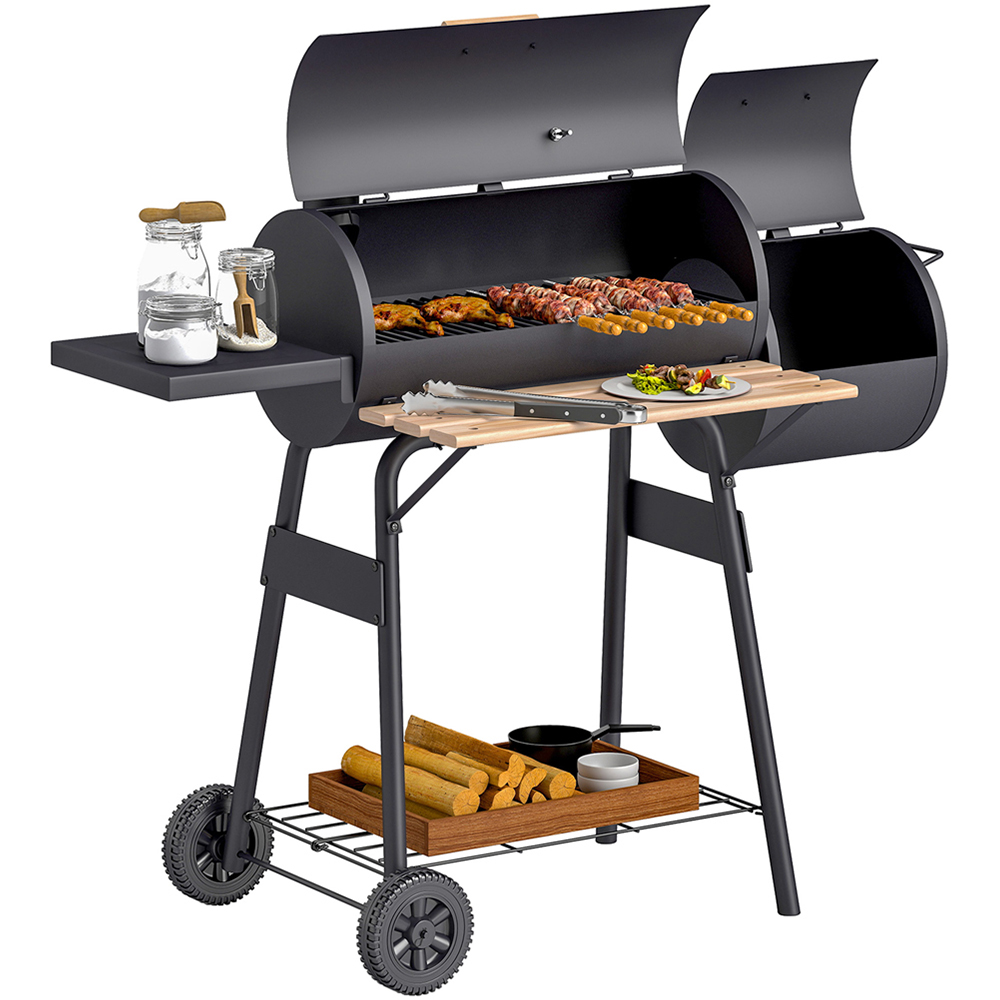 Outsunny Trolley Charcoal BBQ Barrel with Smoker & Thermometer - Black
