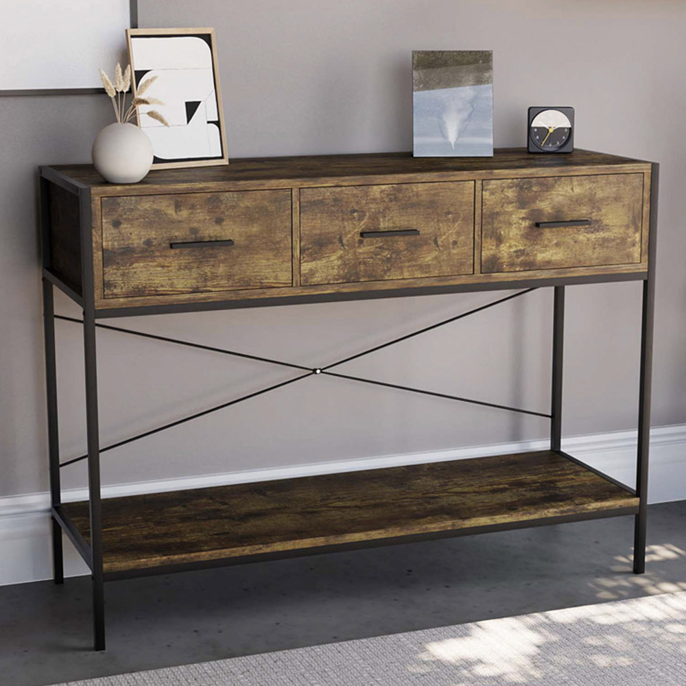 VIDA DESIGNS Brooklyn 3 Drawer Dark Wood Industrial Console Table