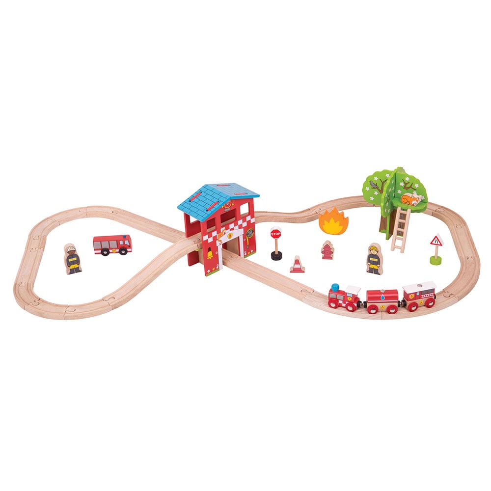 Bigjigs Toys Fire Station Train Set - Wooden - 39 Pieces
