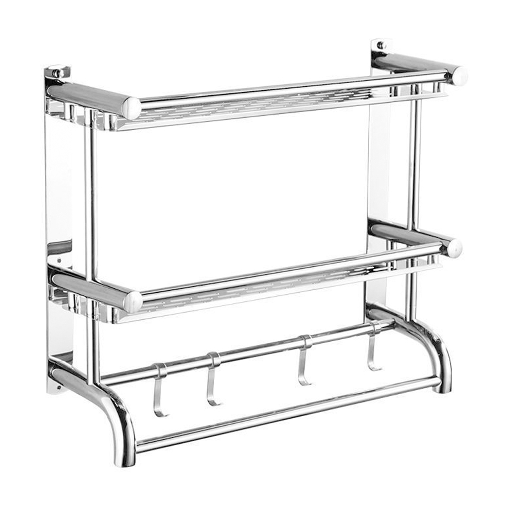 Living and Home 2-Tier Silver Stainless Steel Wall Mounted Bathroom Towel Rail with Shelf and Hooks