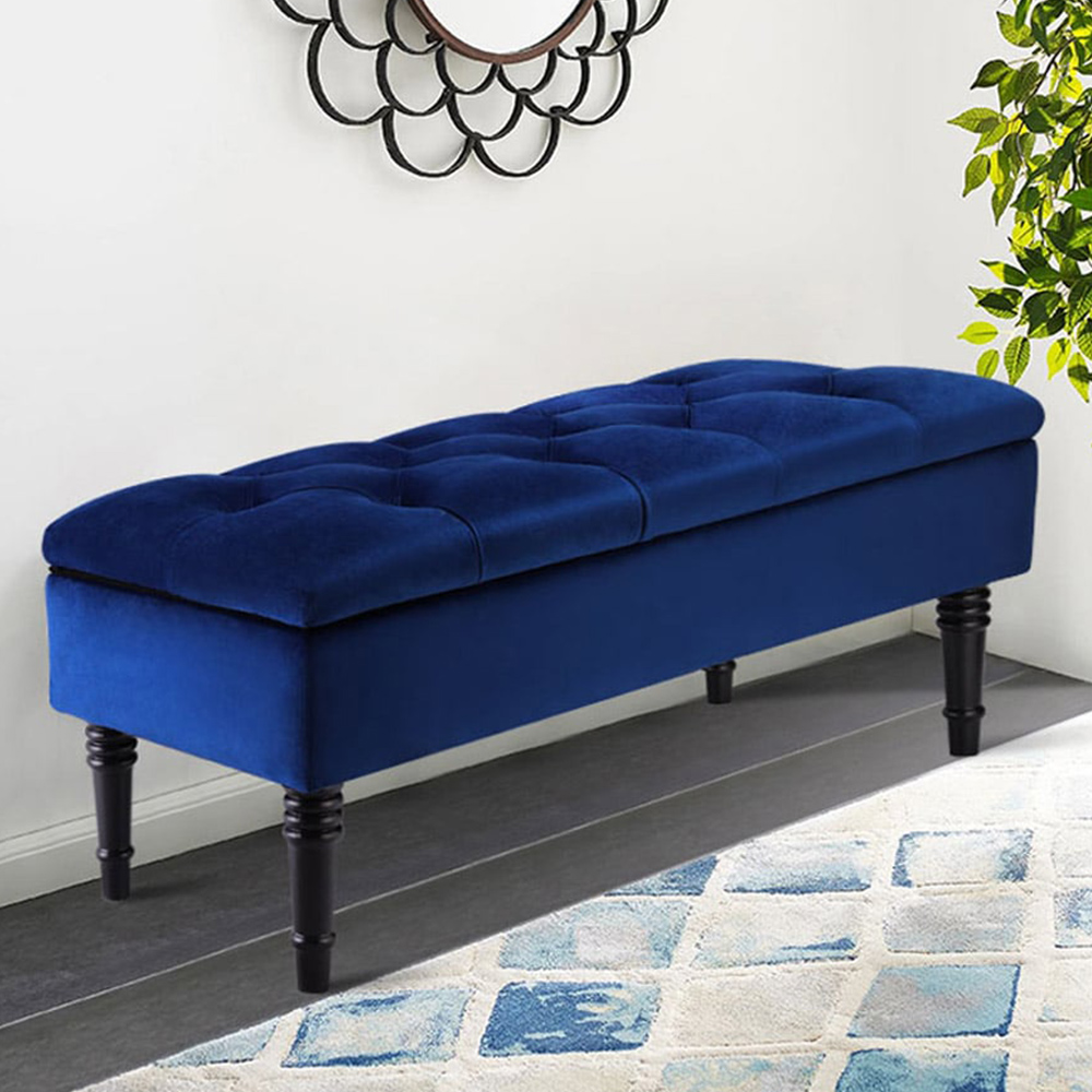Living and Home Blue Buttoned Velvet Storage Bench