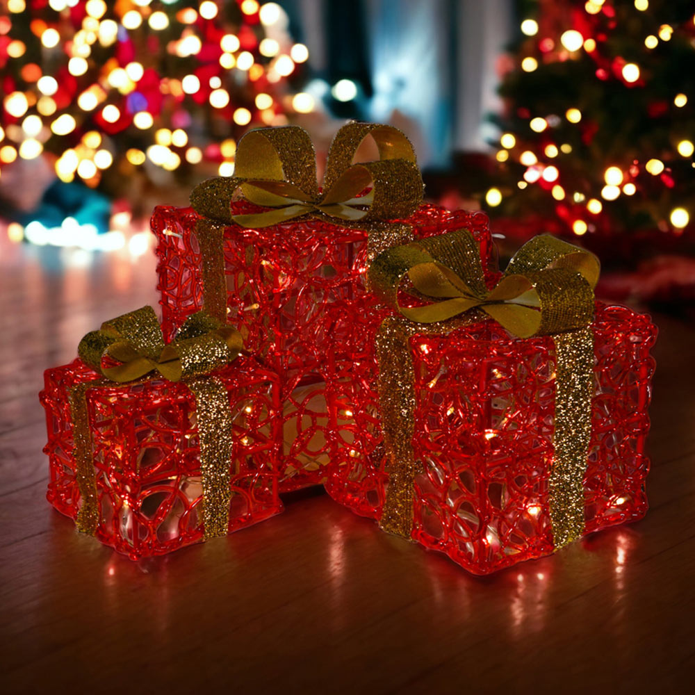 St Helens Red LED Light Up Gift Boxes Christmas Decoration 3 Pack