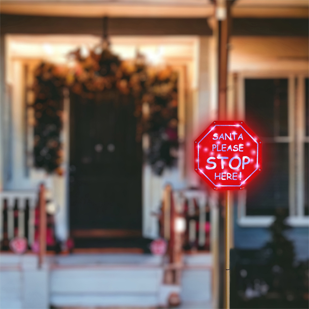 Xmas Haus Red LED Light Christmas Santa Stop Here Sign