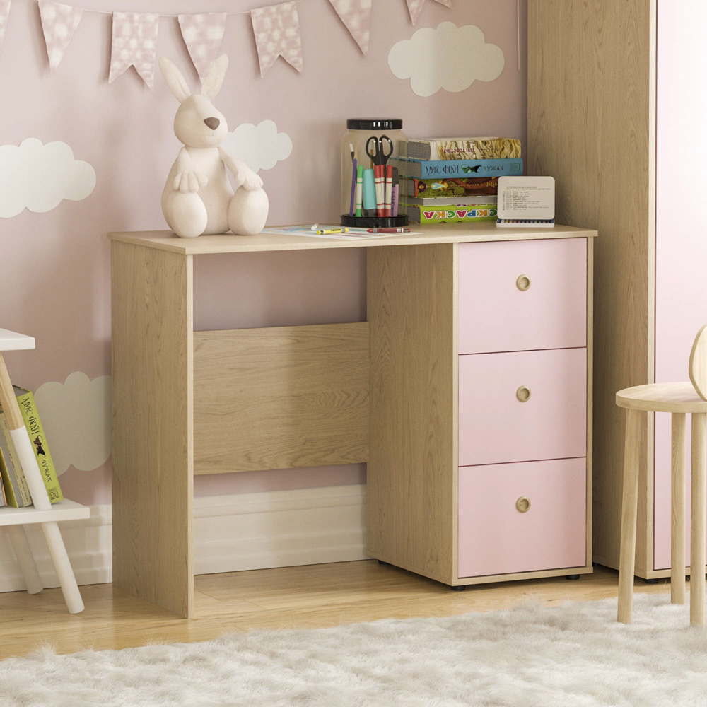 JUNIOR VIDA Neptune 3 Drawer Pink and Oak Desk