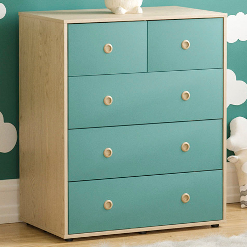 JUNIOR VIDA Neptune 5 Drawer Blue and Oak Storage Chest