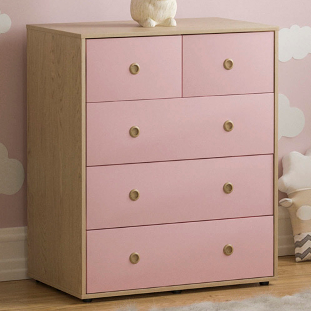 JUNIOR VIDA Neptune 5 Drawer Pink and Oak Storage Chest
