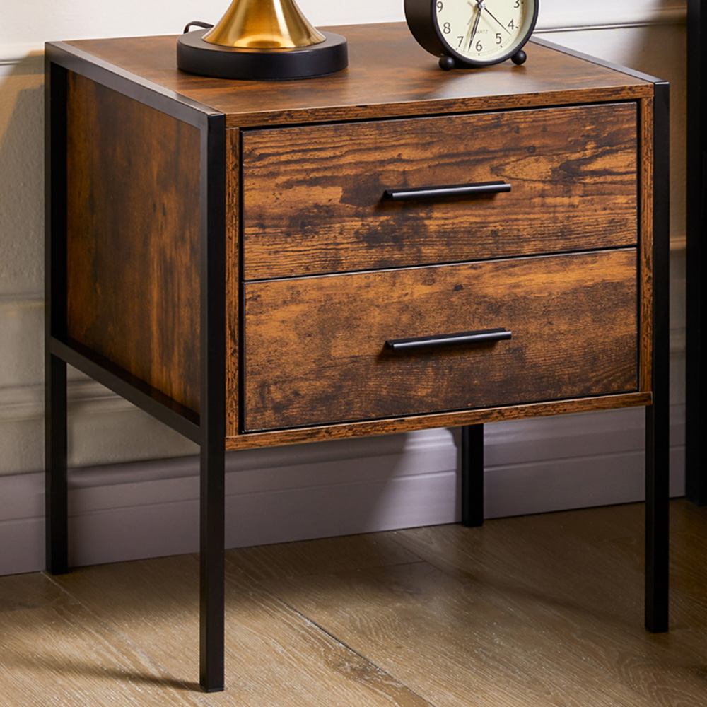 VIDA DESIGNS Brooklyn 2 Drawer Dark Wood Industrial Bedside Table