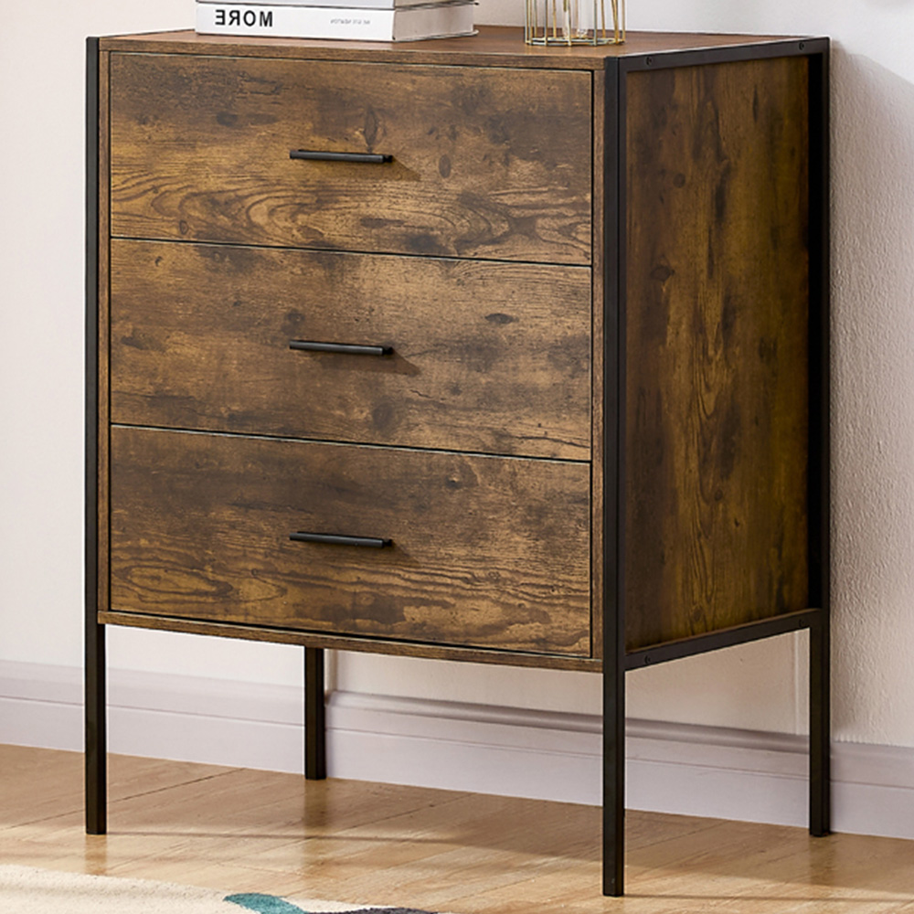 VIDA DESIGNS Brooklyn 3 Drawer Dark Wood Rustic Metal Frame Chest of Drawers
