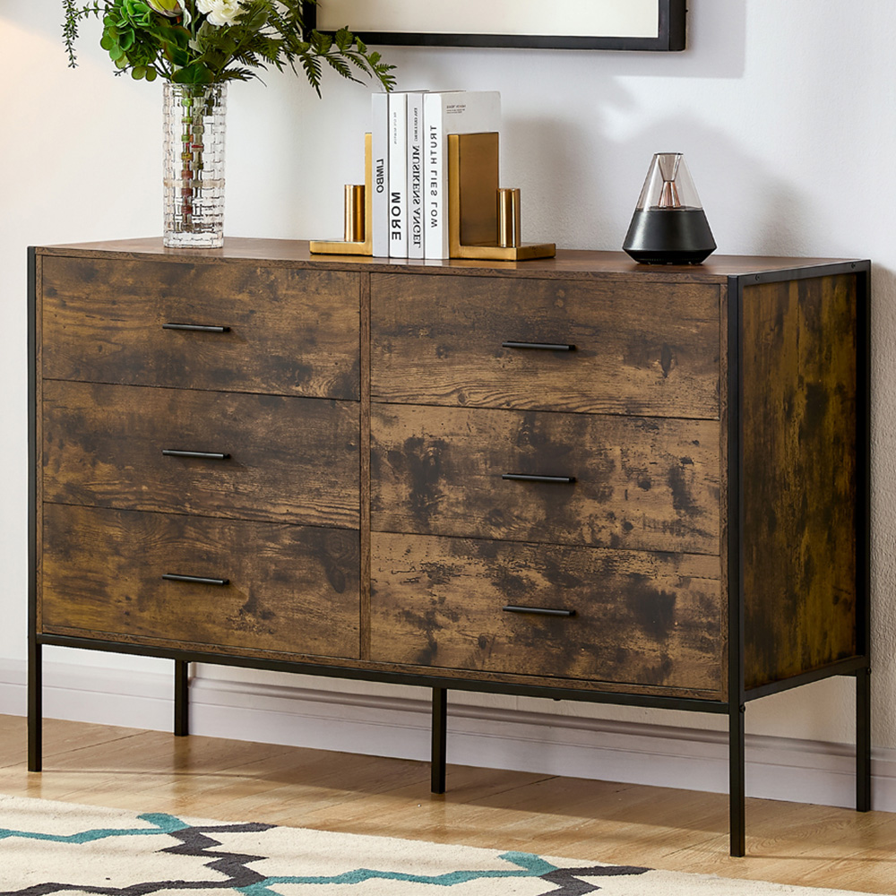 VIDA DESIGNS Brooklyn 6 Drawer Dark Wood Rustic Metal Frame Chest of Drawers